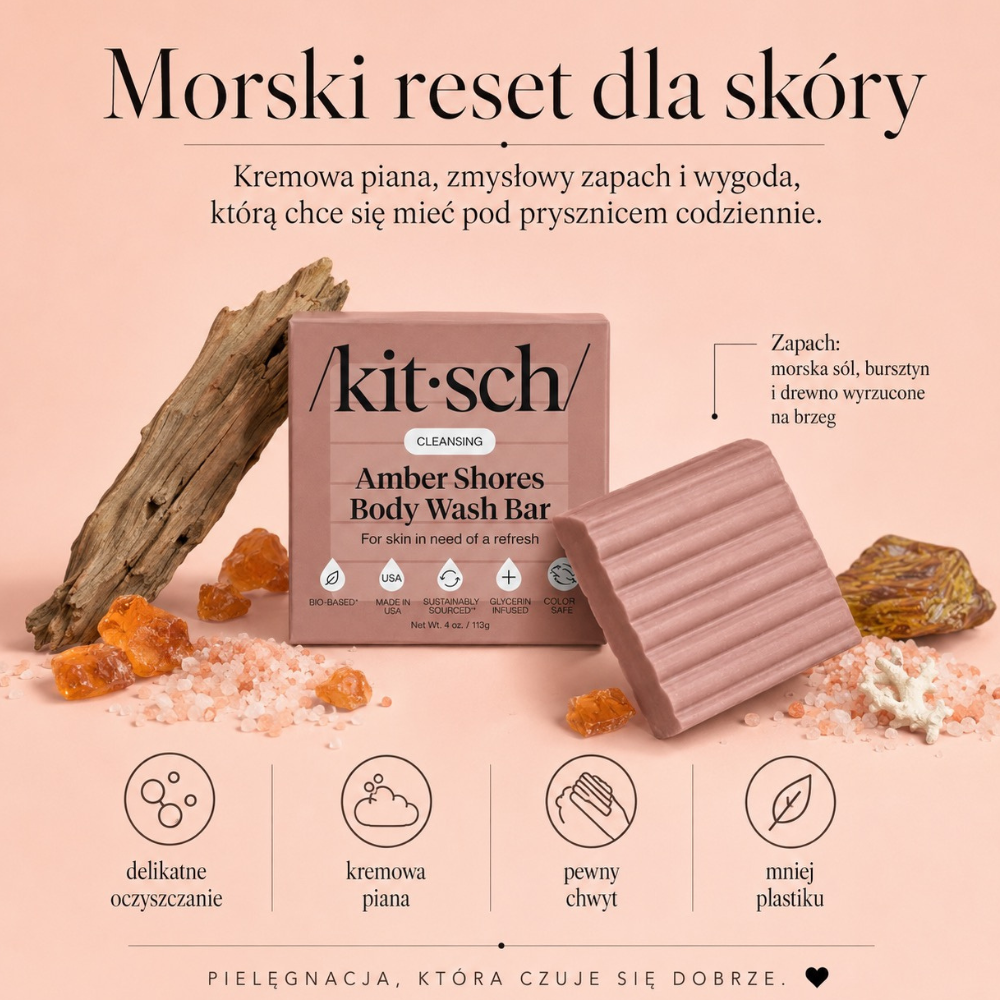 Kitsch Amber Shores Body Wash Bar Kitsch Amber Shores Body Wash Bar – grafika produktu z kostką i opakowaniem, inspirowana morską solą, bursztynem i drewnem wyrzuconym na brzeg.
