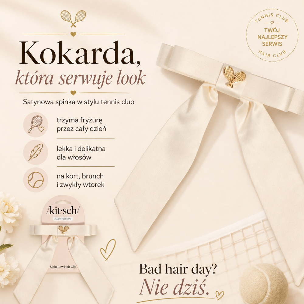 Kitsch Cream Satin Bow Hair Clip Kitsch Cream Satin Bow Hair Clip – marketingowa grafika z kremową satynową kokardą w stylu tennis club i informacjami o lekkim, wygodnym trzymaniu włosów.
