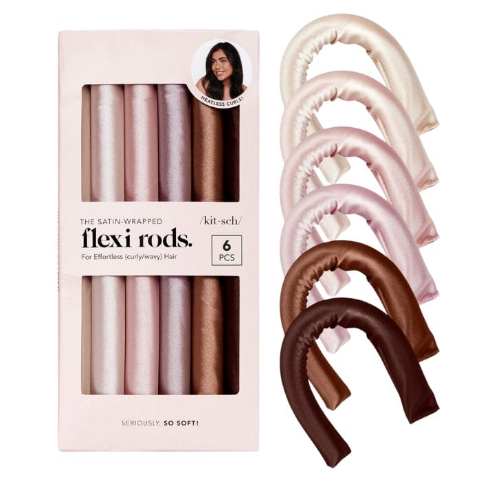 Kitsch Satin Flexi Rods Kitsch Satin Wrapped Flexi Rods – zestaw sześciu satynowych wałków do stylizacji włosów bez użycia ciepła, pokazany wraz z oryginalnym opakowaniem.