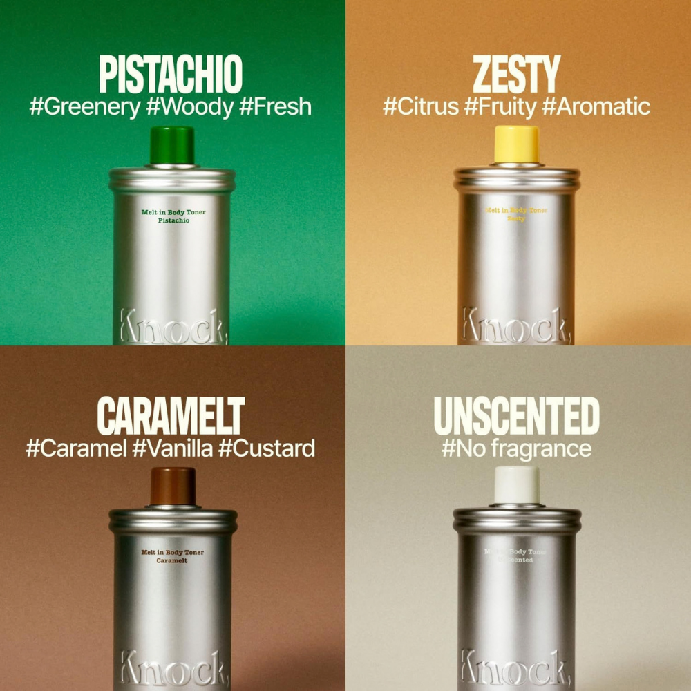 Knock toner Knock Melt In Body Toner - cztery warianty toniku do ciała: Pistachio o zielonych, drzewnych i świeżych nutach, Zesty o cytrusowym, owocowym i aromatycznym charakterze, Caramelt o karmelowych, waniliowych i kremowych nutach oraz Unscented bez dodatku zapachu.