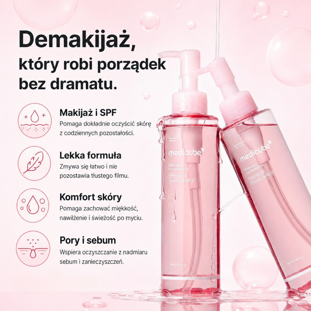Medicube PDRN Mild Cleansing Oil Medicube PDRN Mild Cleansing Oil – grafika prezentująca korzyści olejku: usuwanie makijażu i SPF, lekka formuła, komfort skóry oraz oczyszczanie porów z sebum.