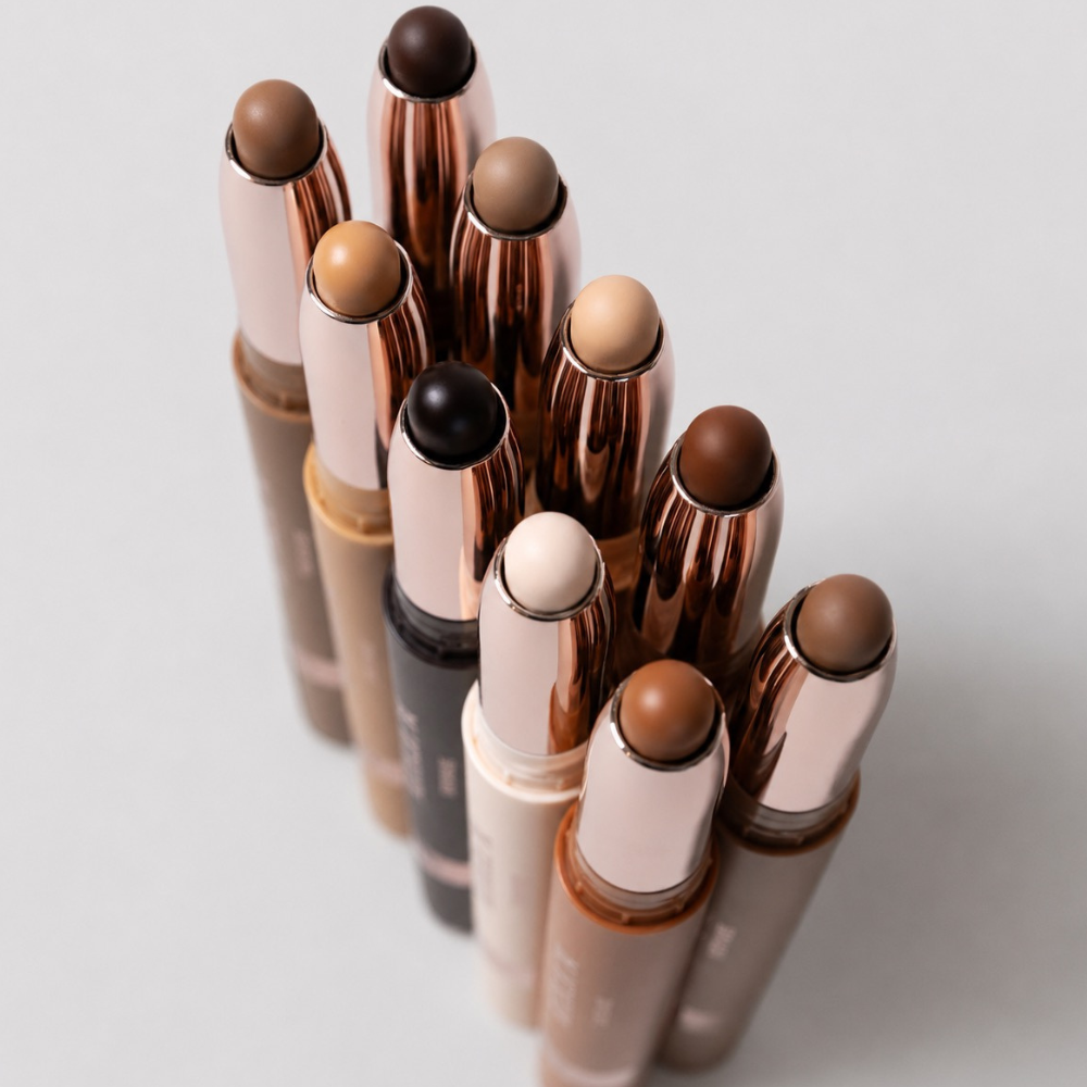 Patrick Ta Major Sculpt Shape Shade Na zdjęciu znajduje się zbliżenie na zaokrąglone końcówki sztyftów Patrick Ta w różnych odcieniach, umieszczone w opakowaniach w kolorze różowego złota.