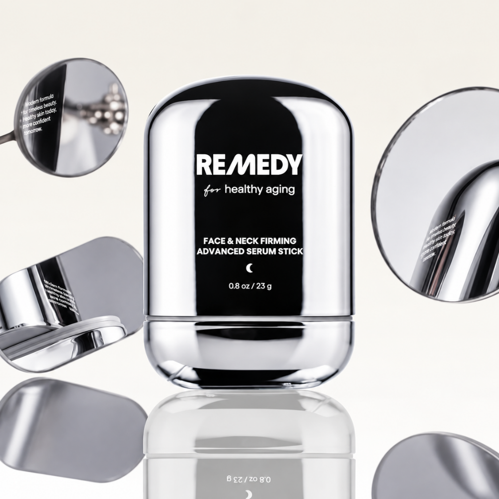 Remedy Face & Neck Firming Retinal Stick - ujędrniający sztyft-serum z retinalem REMEDY Face & Neck Firming Advanced Serum Stick – srebrny ujędrniający sztyft-serum z retinalem do twarzy, szyi i dekoltu, pokazany frontem na białym tle.