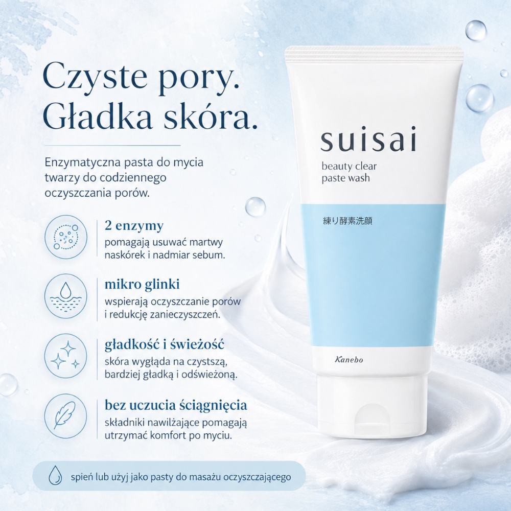 Suisai Beauty Clear Paste Wash Suisai Beauty Clear Paste Wash – grafika przedstawiająca enzymatyczną pastę do mycia twarzy z informacjami o dwóch enzymach, mikroglinkach, oczyszczaniu porów i komforcie skóry.