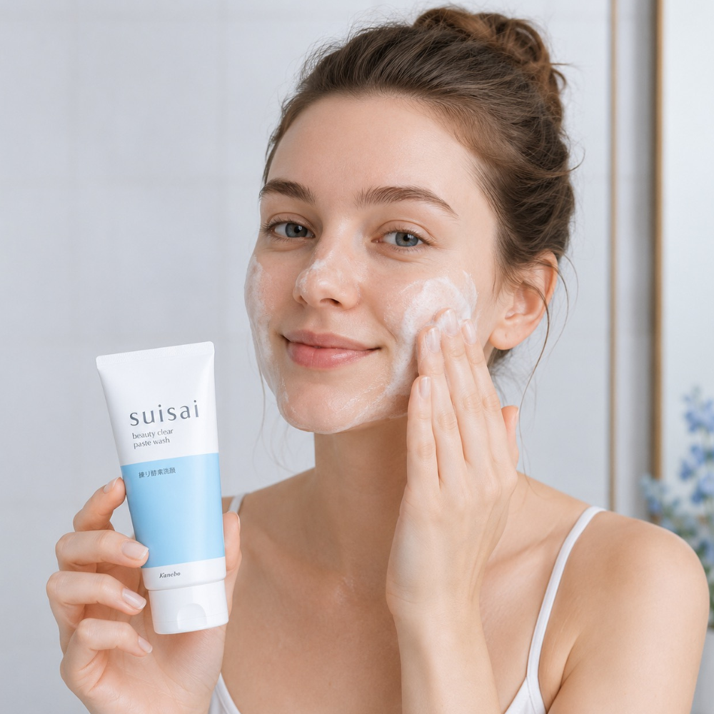 Suisai Beauty Clear Paste Wash Kobieta stosująca Suisai Beauty Clear Paste Wash na twarzy, trzymająca tubkę produktu podczas delikatnego oczyszczania skóry pianą.