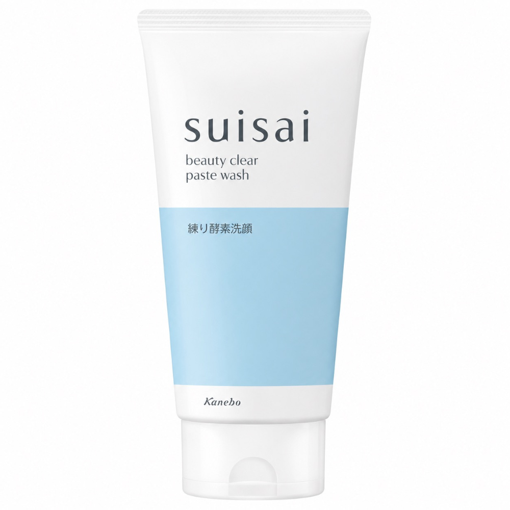 Suisai Beauty Clear Paste Wash Suisai Beauty Clear Paste Wash w biało-błękitnej tubce Kanebo, pokazana na czystym białym tle.