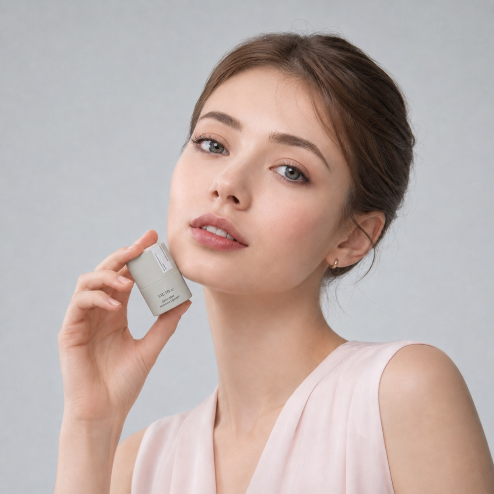 Sum37 Skin Stay Moisture Lipcerin Na zdjęciu znajduje się kobieta trzymająca przy twarzy su:m37 Skin-stay Moisture Lipcerin – pielęgnujący produkt do ust w minimalistycznym beżowym opakowaniu.