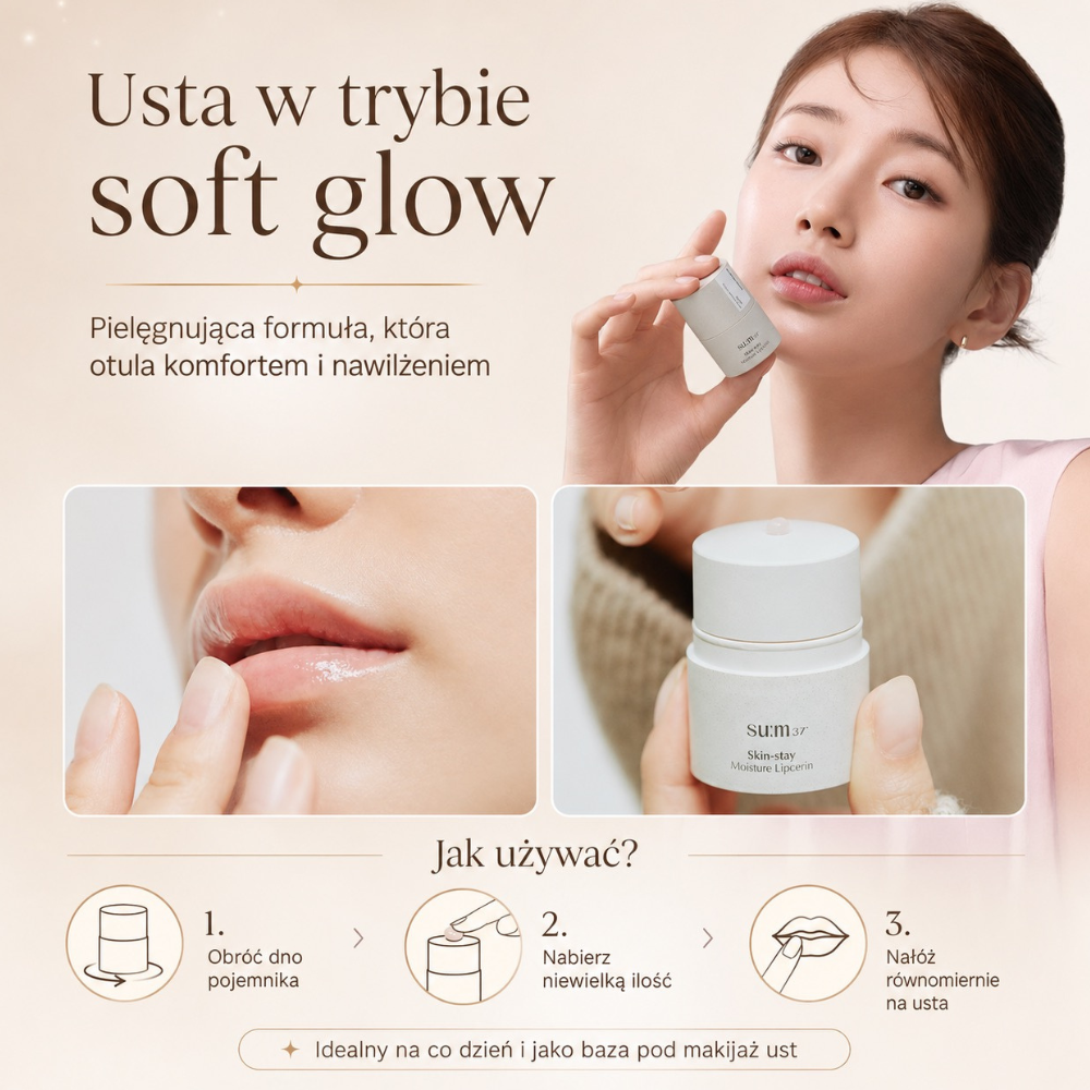 Sum37 Skin Stay Moisture Lipcerin Na grafice znajduje się su:m37 Skin-stay Moisture Lipcerin wraz z instrukcją aplikacji i prezentacją efektu miękkich, nawilżonych ust o subtelnym połysku.