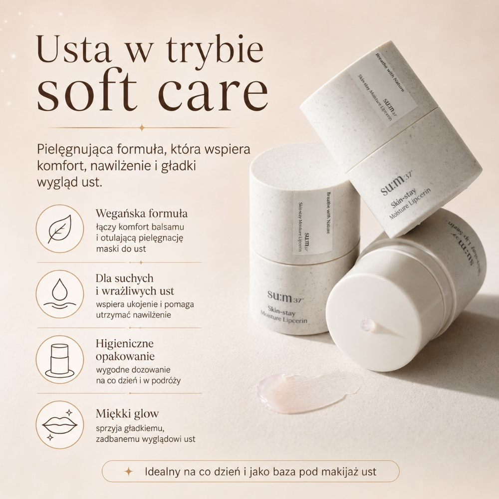 Sum37 Skin Stay Moisture Lipcerin Na grafice znajduje się su:m37 Skin-stay Moisture Lipcerin z informacjami o nawilżającej formule, pielęgnacji suchych i wrażliwych ust oraz wygodnym opakowaniu dozującym.