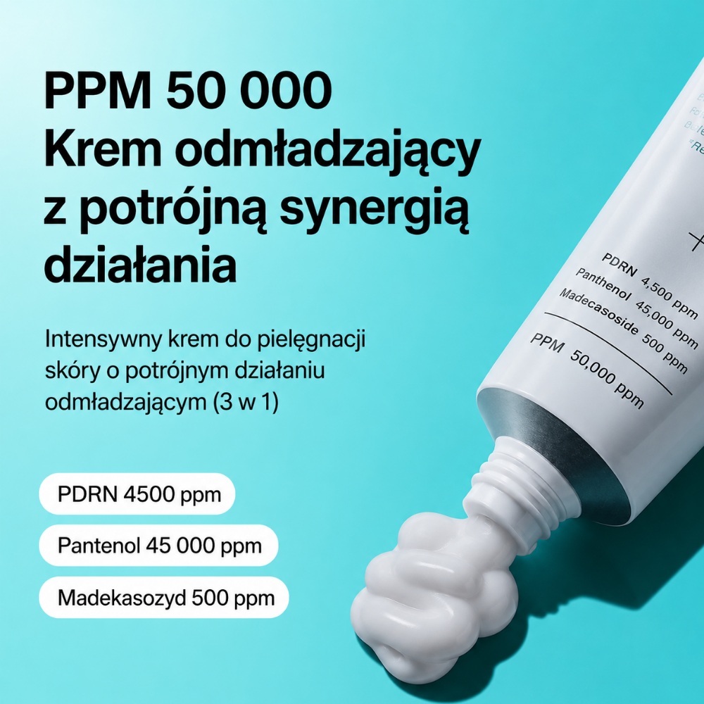 Thome PPM 50,000 Triple Synergy Rejuvenating Cream - nocny tryb komfortu (10) Kwadratowa grafika na turkusowym tle przedstawiająca odkręconą tubkę kremu THOME PPM 50 000 z wypływającą porcją kremu oraz informacją o potrójnej synergii działania: PDRN 4500 ppm, pantenolu 45 000 ppm i madekasozydu 500 ppm.