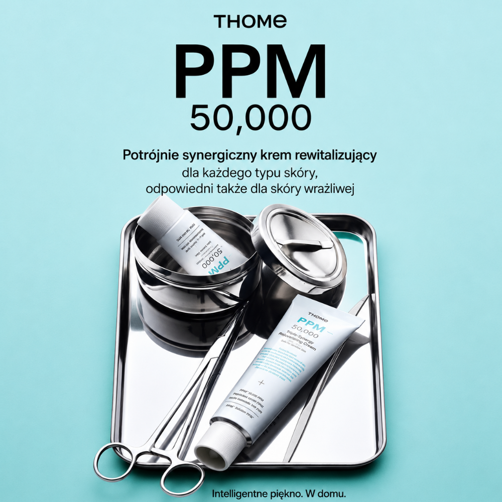 Thome PPM 50,000 Triple Synergy Rejuvenating Cream - nocny tryb komfortu (2) Kwadratowa grafika reklamowa kremu THOME PPM 50 000 na turkusowym tle, z dwiema białymi tubkami ułożonymi na metalowej tacy obok stalowych akcesoriów oraz informacją, że produkt jest odpowiedni dla każdego typu skóry, także wrażliwej.