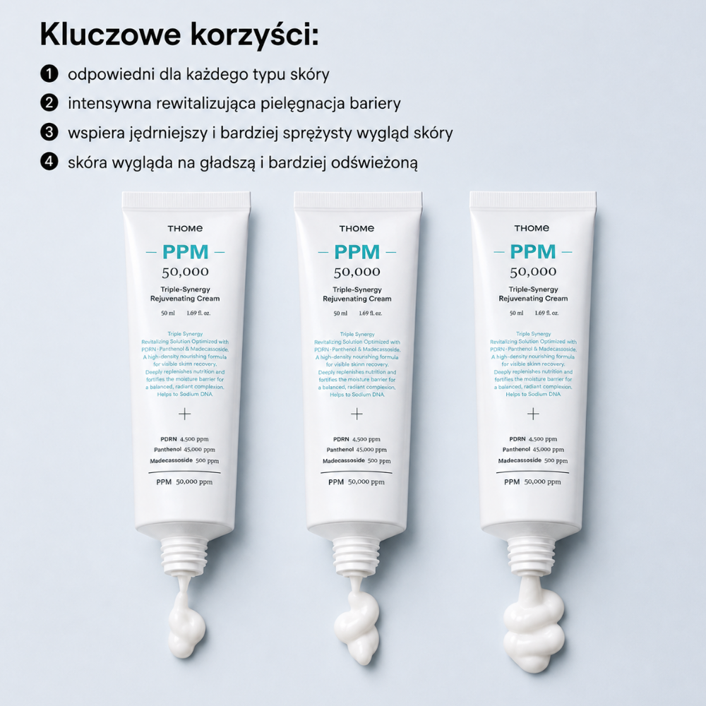 Thome PPM 50,000 Triple Synergy Rejuvenating Cream - nocny tryb komfortu (3) Kwadratowa grafika przedstawiająca trzy odkręcone tubki kremu THOME PPM 50 000 z porcjami białego kremu na jasnoniebieskim tle oraz listą kluczowych korzyści dla skóry.