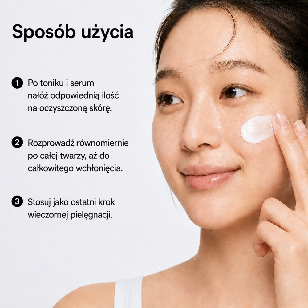 Thome PPM 50,000 Triple Synergy Rejuvenating Cream - nocny tryb komfortu (6) Kwadratowa grafika przedstawiająca kobietę nakładającą krem THOME PPM 50 000 na policzek oraz trzy kroki stosowania: po toniku i serum, równomiernie na całą twarz, jako ostatni krok wieczornej pielęgnacji.