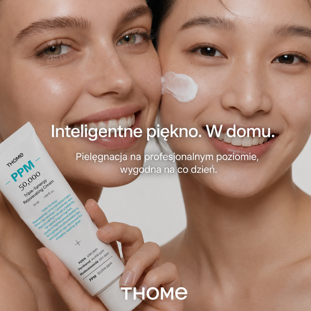 Thome PPM 50,000 Triple Synergy Rejuvenating Cream - nocny tryb komfortu (7) Dwie uśmiechnięte kobiety prezentują krem do twarzy THOME PPM 50 000; jedna trzyma białą tubkę produktu, a druga ma na policzku porcję kremu.