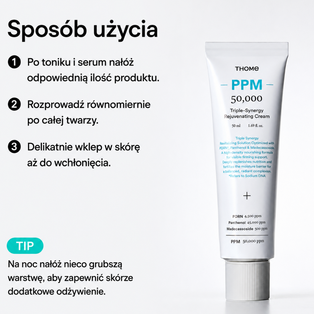 Thome PPM 50,000 Triple Synergy Rejuvenating Cream - nocny tryb komfortu (9) Kwadratowa grafika przedstawiająca tubkę kremu THOME PPM 50 000 oraz instrukcję aplikacji w trzech krokach, z dodatkową wskazówką dotyczącą nakładania grubszej warstwy produktu na noc.