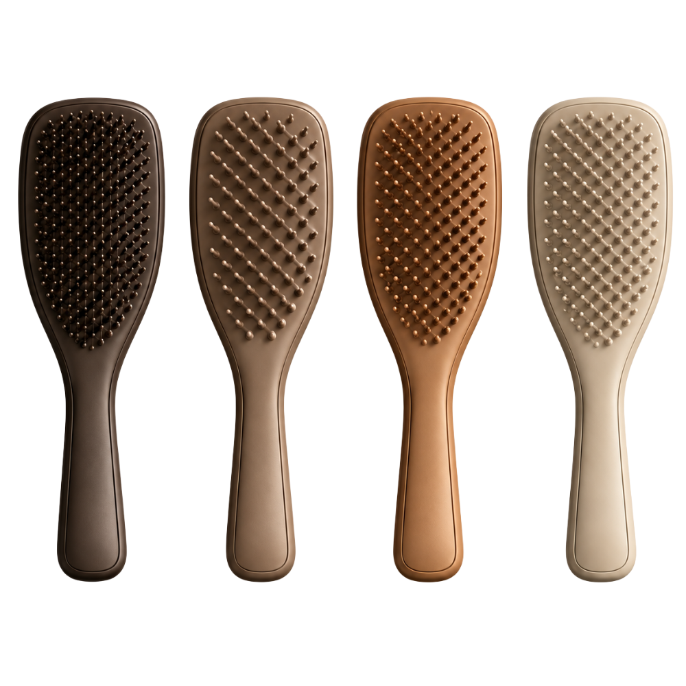 SKIMS x Tangle Teeze Porównanie czterech szczotek SKIMS x Tangle Teezer - Cocoa do cienkich włosów, Jasper do delikatnego rozczesywania, Sienna do loków oraz Clay do włosów prostych i falowanych.