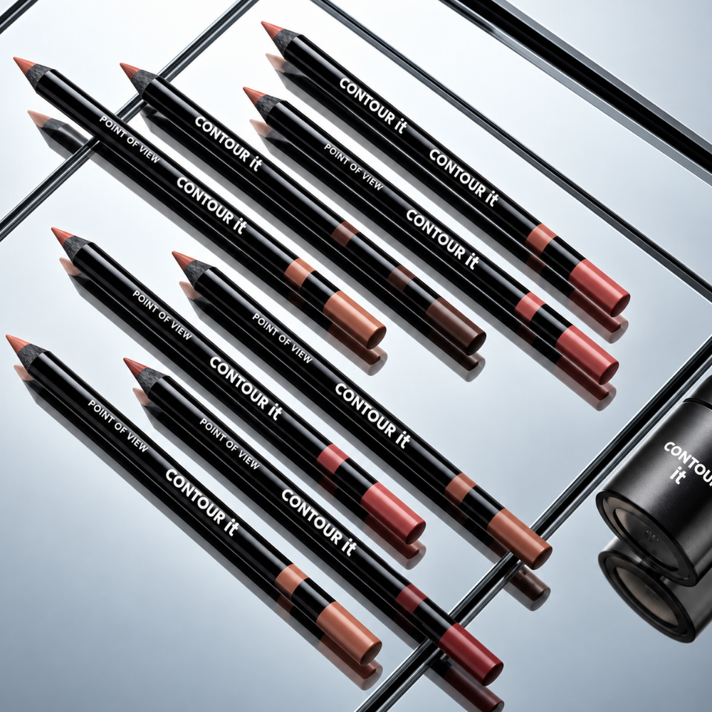 View Contour It Lip Liner Zestaw kredek do ust Point of View Contour It w kilku odcieniach – kredki konturujące do ust na minimalistycznym tle
