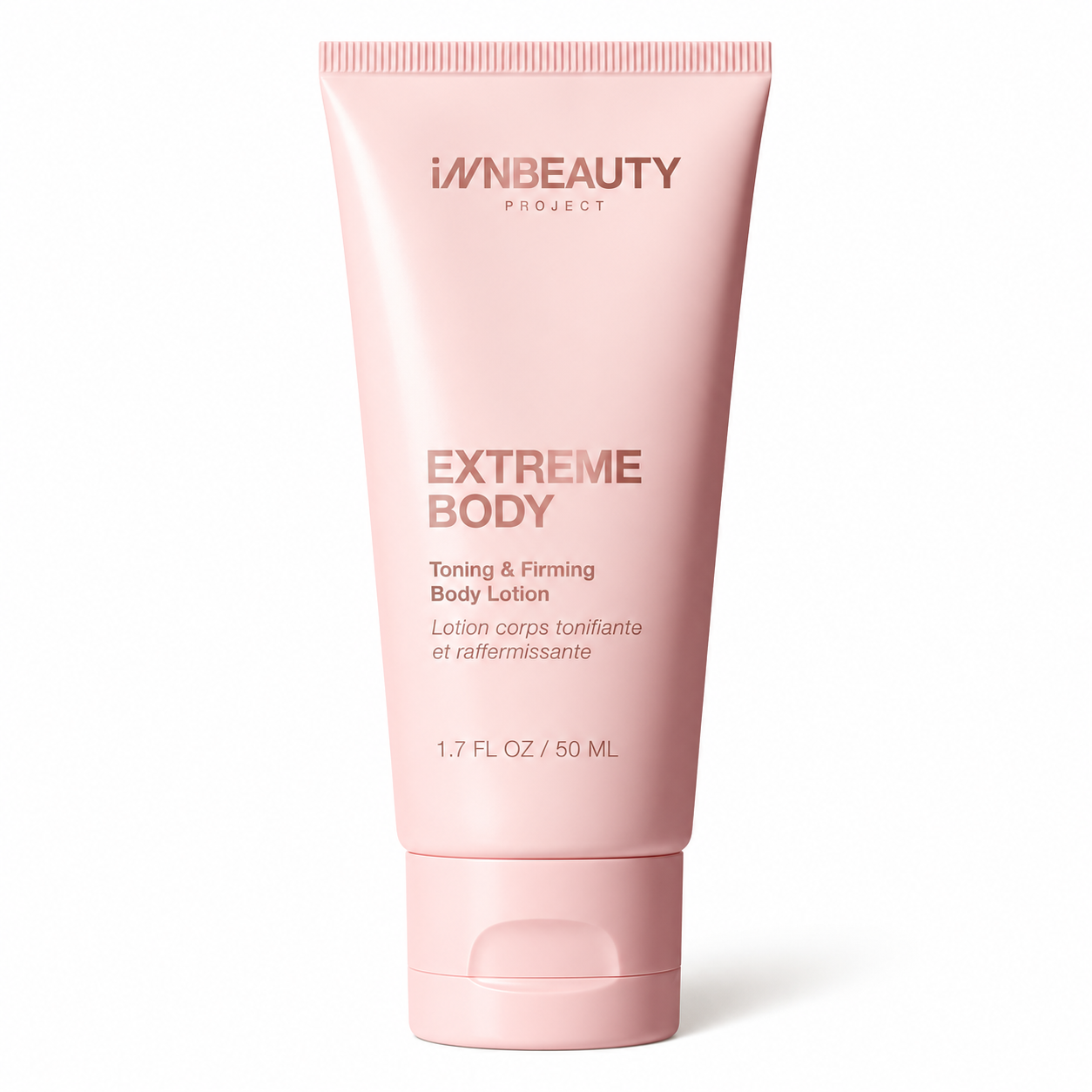 1 INNBEAUTY Project Extreme Body - ujędrniający i tonizujący balsam do ciała w różowej tubce 50 ml na białym tle.