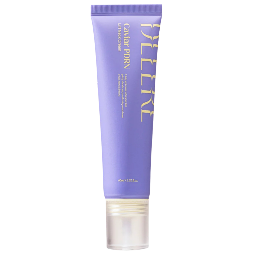 DELERE Caviar PDRN Lifting Neck Cream DELERE Caviar PDRN Lifting Neck Cream - kawiorowy krem do szyi i dekoltu z PDRN w fioletowej tubie na białym tle.