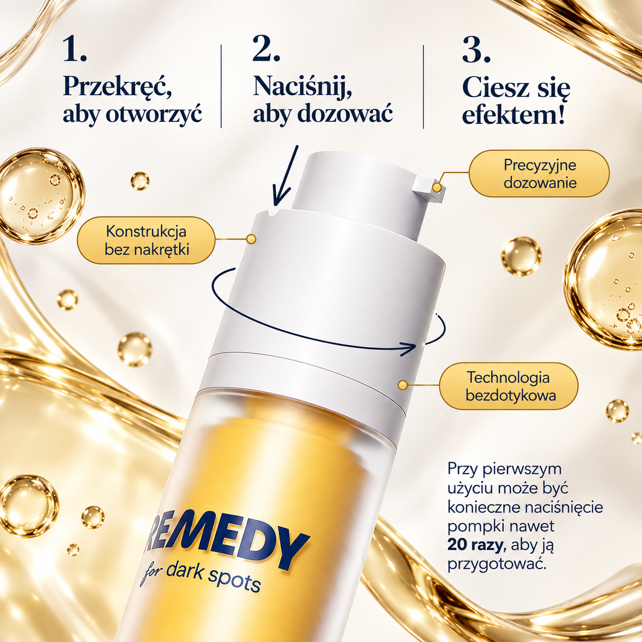 2 Remedy Science REMEDY for Dark Spots - serum na przebarwienia z obrotowym dozownikiem typu airless, przedstawione na grafice z instrukcją otwierania, dozowania i przygotowania pompki do pierwszego użycia.