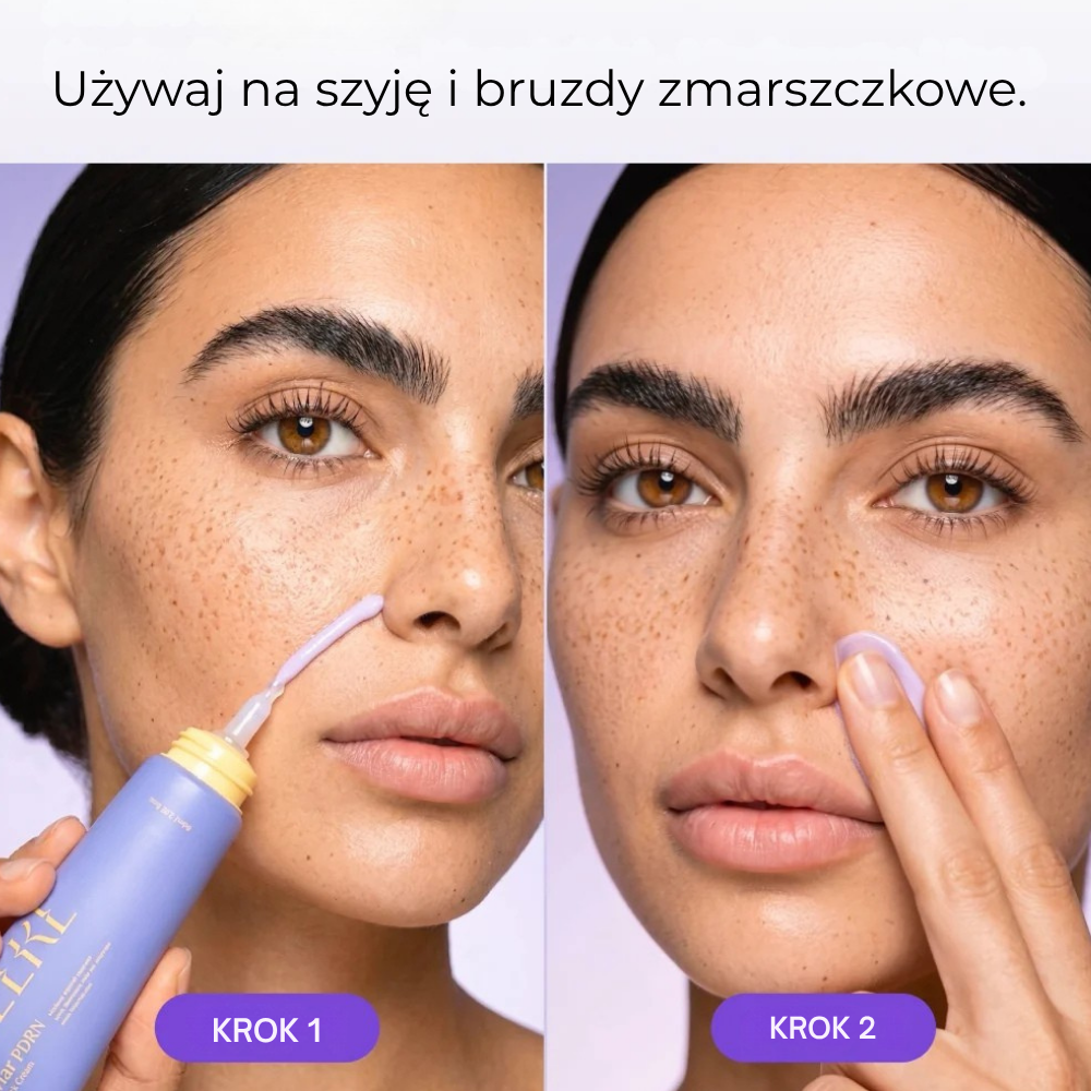 DELERE Caviar PDRN Lifting Neck Cream Modelka trzyma przy twarzy DELERE Caviar PDRN Lifting Neck Cream - krem do pielęgnacji szyi, dekoltu i dolnych partii twarzy.