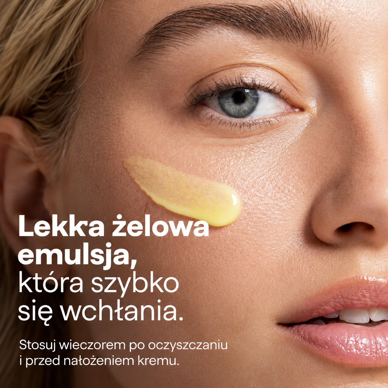 4 Remedy Science REMEDY for Dark Spots - lekka, szybko wchłaniająca się żelowa emulsja na przebarwienia, pokazana na skórze modelki wraz z informacją o wieczornym sposobie stosowania.