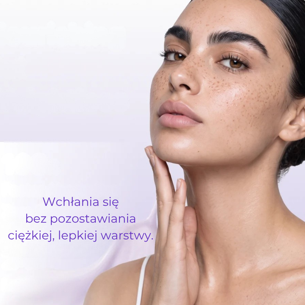 DELERE Caviar PDRN Lifting Neck Cream Modelka dotyka skóry szyi po zastosowaniu DELERE Caviar PDRN Lifting Neck Cream, który wchłania się bez pozostawiania ciężkiej i lepkiej warstwy.