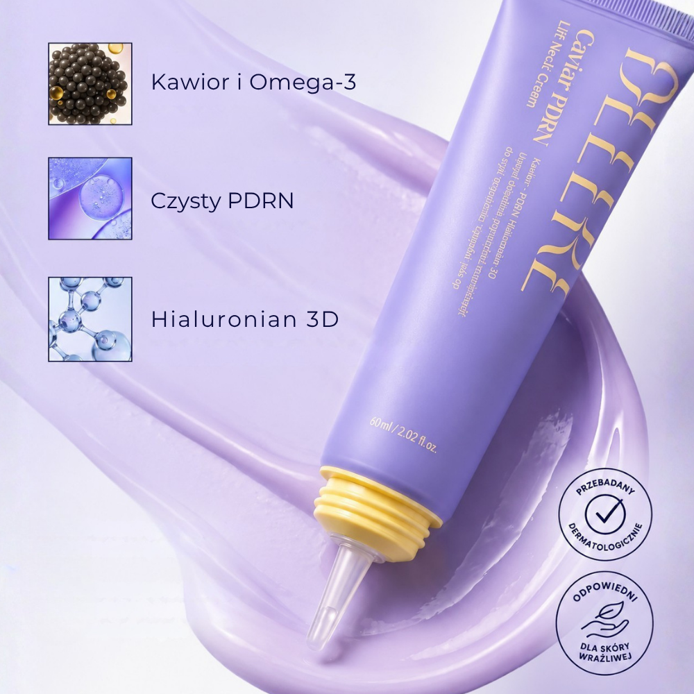 DELERE Caviar PDRN Lifting Neck Cream DELERE Caviar PDRN Lifting Neck Cream z kluczowymi składnikami: kawiorem i omega-3, czystym PDRN oraz hialuronianem 3D - formuła odpowiednia dla skóry wrażliwej.