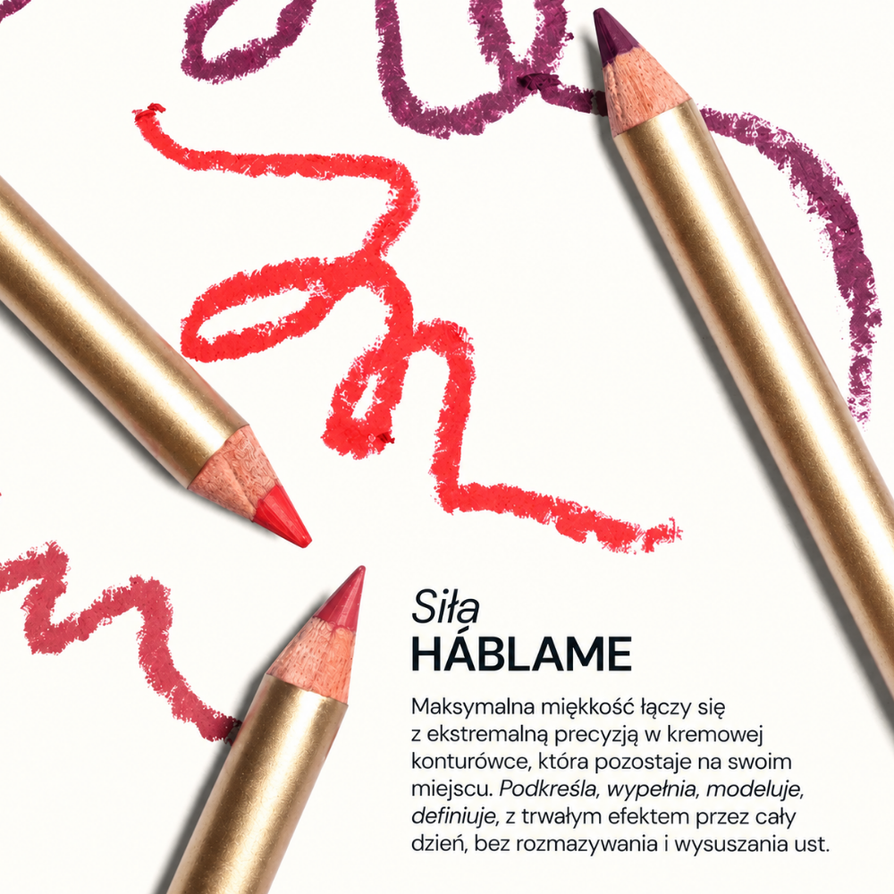 Aora Mexico Hablame Lip Liner Pencil - perfekcyjna linia ust (2) Trzy złote konturówki do ust Aora Mexico Hablame Lip Liner Pencil w różnych odcieniach, otoczone kolorowymi liniami na jasnym tle, z opisem kremowej, precyzyjnej i trwałej formuły.