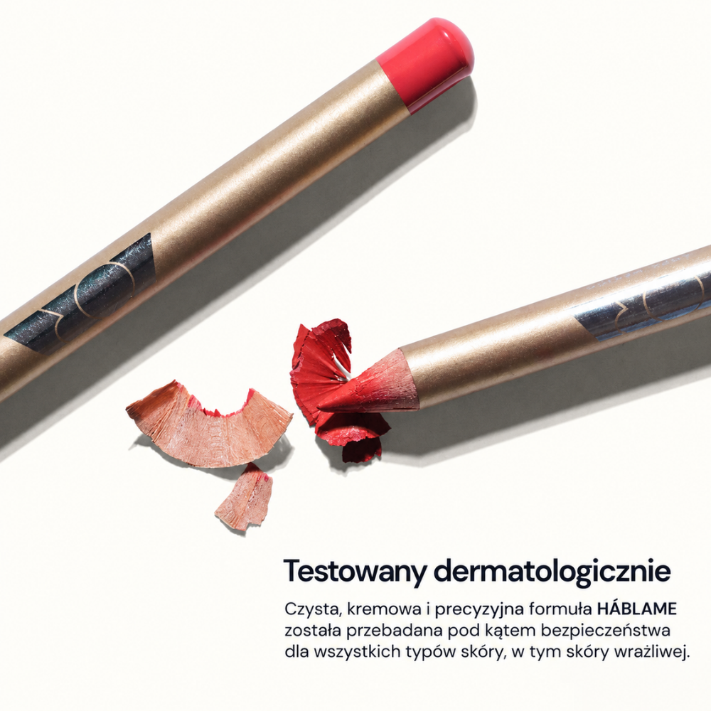 Aora Mexico Hablame Lip Liner Pencil - perfekcyjna linia ust (5) Konturówka do ust Aora Mexico Hablame Lip Liner Pencil w czerwonym odcieniu na jasnym tle, z informacją o dermatologicznie testowanej, kremowej formule odpowiedniej także dla skóry wrażliwej.