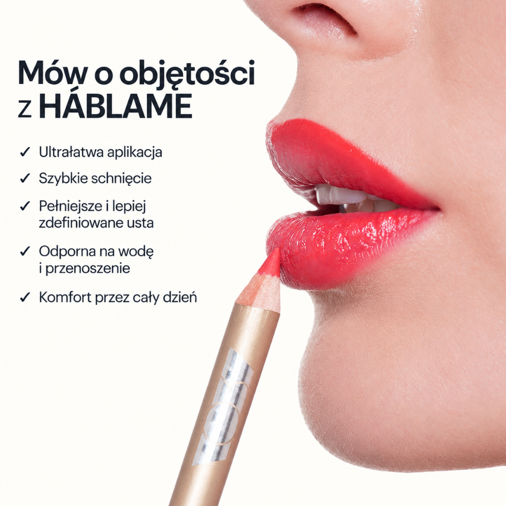 Aora Mexico Hablame Lip Liner Pencil - perfekcyjna linia ust (6) Zbliżenie na usta podczas aplikacji czerwonej konturówki Aora Mexico Hablame Lip Liner Pencil, z opisem łatwej aplikacji, szybkiego schnięcia, wodoodpornej trwałości i efektu pełniejszych, wyraźnie zdefiniowanych ust.
