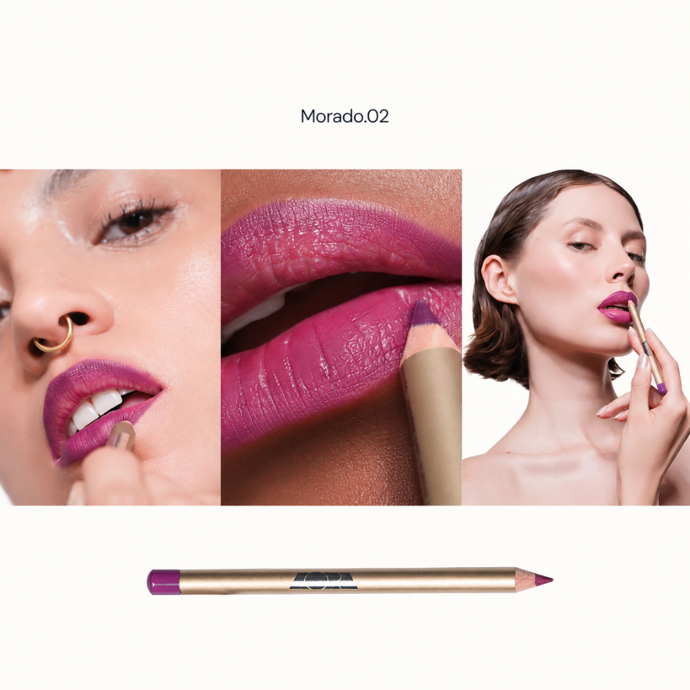 Aora Mexico Hablame Lip Liner Pencil - perfekcyjna linia ust (8) Konturówka do ust Aora Mexico Hablame Lip Liner Pencil w odcieniu Morado.02, prezentowana podczas aplikacji na ustach w intensywnym śliwkowo-fioletowym kolorze.