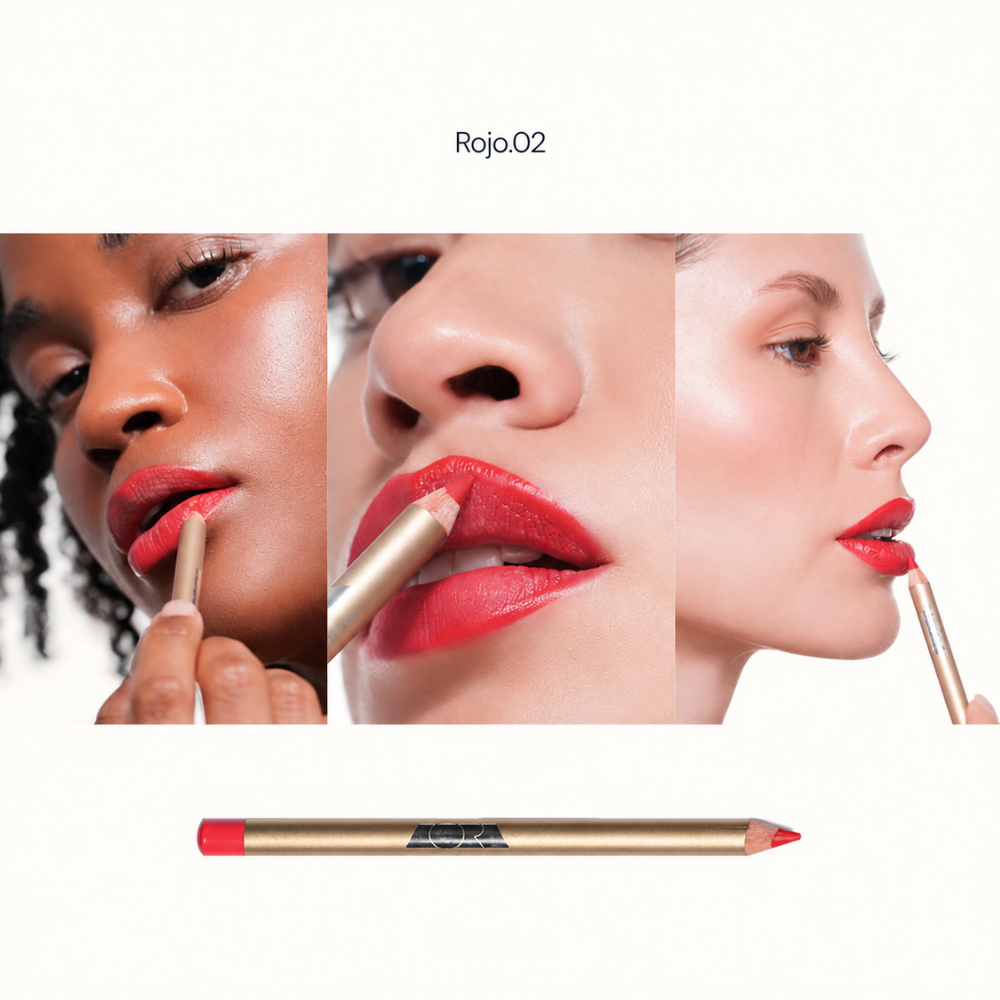 Aora Mexico Hablame Lip Liner Pencil - perfekcyjna linia ust (9) Konturówka do ust Aora Mexico Hablame Lip Liner Pencil w odcieniu Rojo.02, prezentowana na różnych tonacjach skóry podczas precyzyjnego podkreślania ust intensywną czerwienią.