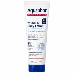 Aquaphor Hydrating Daily Lotion 89 ml – biała tubka balsamu nawilżającego z granatowym zamknięciem, pokazana na białym tle.