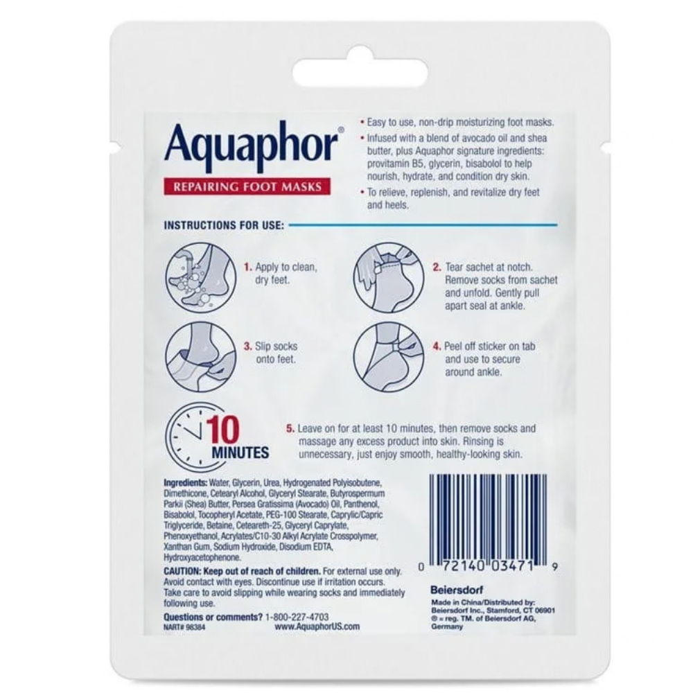 Aquaphor Repairing Foot Masks (2) Tył opakowania Aquaphor Repairing Foot Masks z instrukcją stosowania jednorazowych skarpetek pielęgnacyjnych, składem produktu i informacją o 10-minutowej kuracji do suchych stóp i pięt.