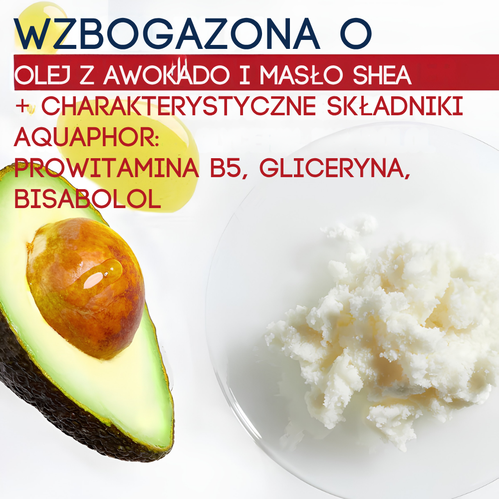 Aquaphor Repairing Foot Masks (4) Awokado i masło shea na jasnym tle - grafika Aquaphor Repairing Foot Masks prezentująca składniki formuły: olej z awokado, masło shea, prowitaminę B5, glicerynę i bisabolol.