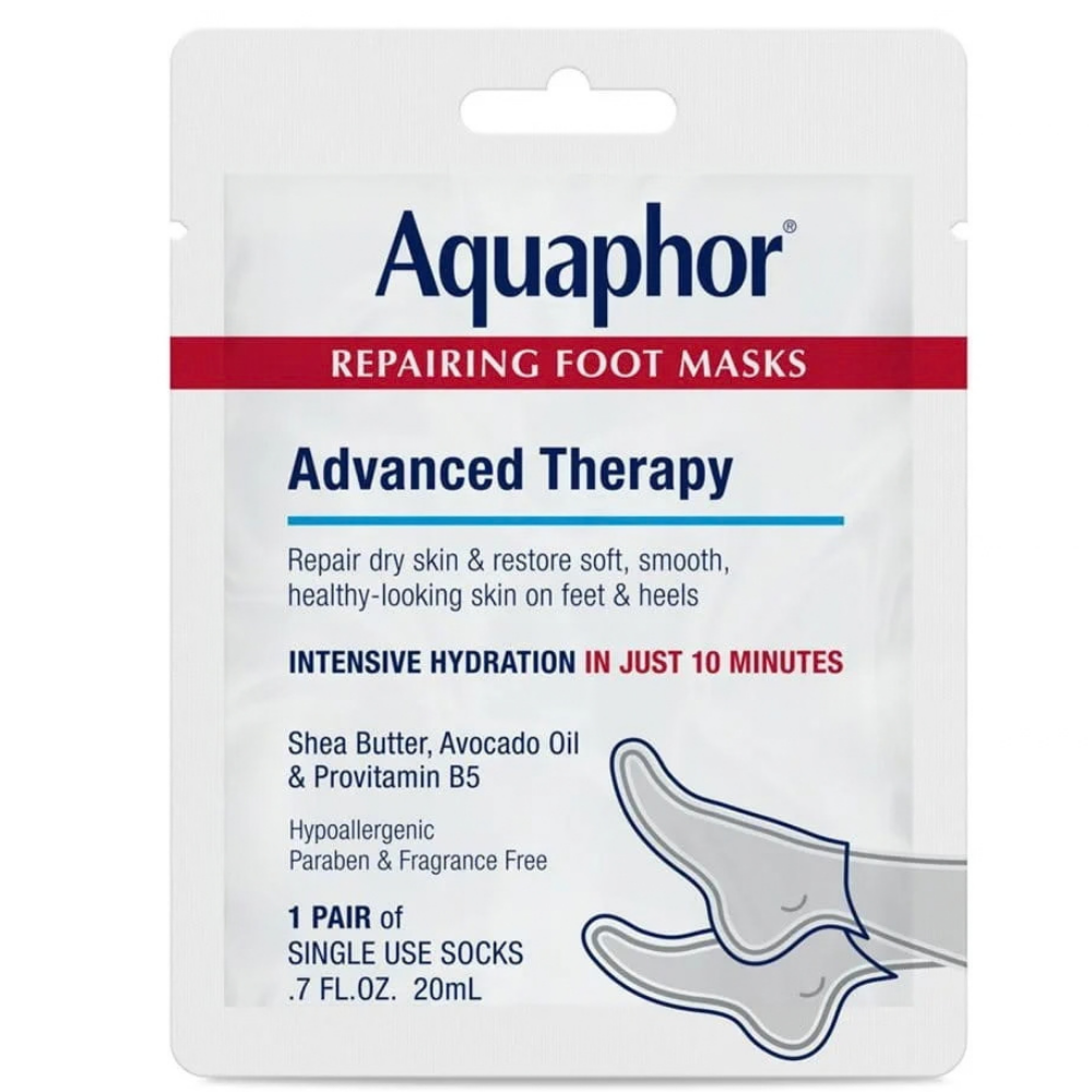 Aquaphor Repairing Foot Masks Aquaphor Repairing Foot Masks - jednorazowe skarpetki pielęgnacyjne do suchych stóp i pięt, zapewniające intensywne nawilżenie w 10 minut.