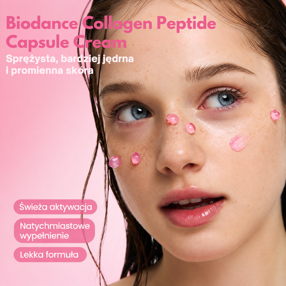 Biodance Collagen Peptide Capsule Cream Biodance Collagen Peptide Jelly Capsule Cream - lekka formuła w różowych kapsułkach dla bardziej sprężystej, jędrnej i promiennie wyglądającej skóry.