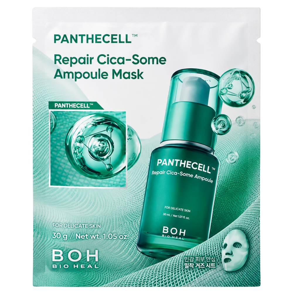 Bioheal Boh Panthecell Repair Mask - kojąca maska ampułkowa z Cica BIOHEAL BOH Panthecell Repair Cica-Some Ampoule Mask 30 g - koreańska kojąca maska ampułkowa z Cica w zielono-białym opakowaniu.