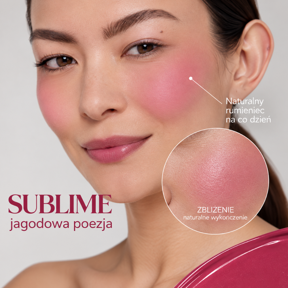 Caliray Blurry Blush - rumieniec jak po dobrym śnie (11) Caliray Blurry Blush w odcieniu Sublime - kremowy róż do policzków w jagodowo-różowym odcieniu „jagodowa poezja”, pokazany na modelce wraz ze zbliżeniem naturalnego, miękko wygładzonego wykończenia skóry.