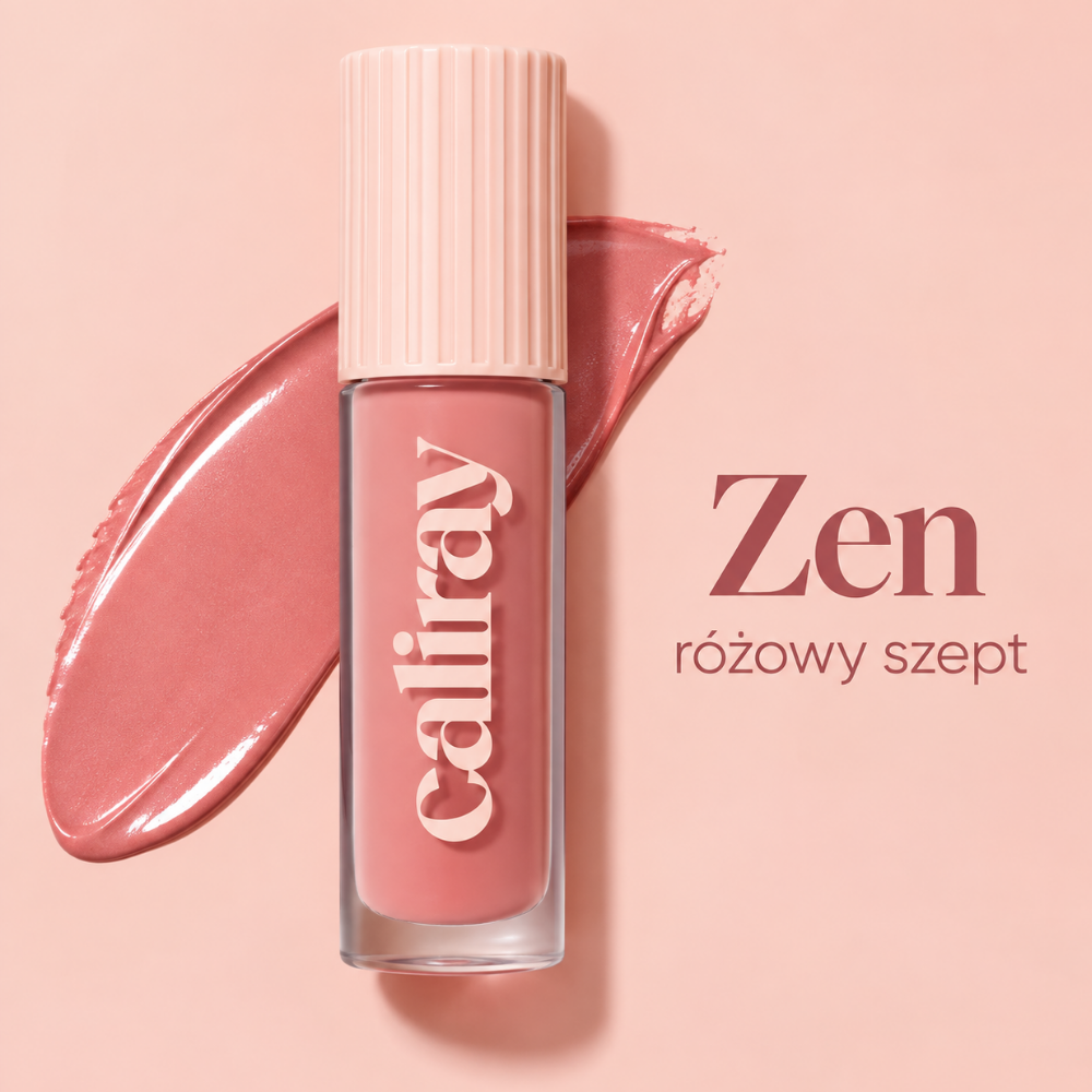 Caliray Blurry Blush - rumieniec jak po dobrym śnie (4) Caliray Blurry Blush w odcieniu Zen – kremowy róż do policzków w subtelnym, różowo-brzoskwiniowym odcieniu „różowy szept”, pokazany na pastelowym tle ze swatchem produktu.