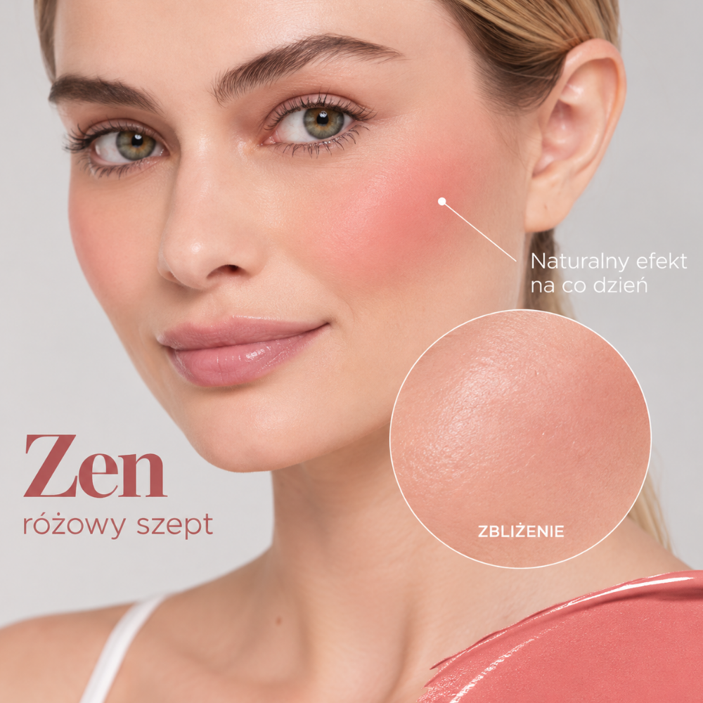 Caliray Blurry Blush - rumieniec jak po dobrym śnie (5) Caliray Blurry Blush w odcieniu Zen – efekt subtelnego różowego rumieńca na jasnej cerze, z powiększeniem pokazującym gładkie, naturalne wykończenie skóry i delikatnie rozproszony kolor.