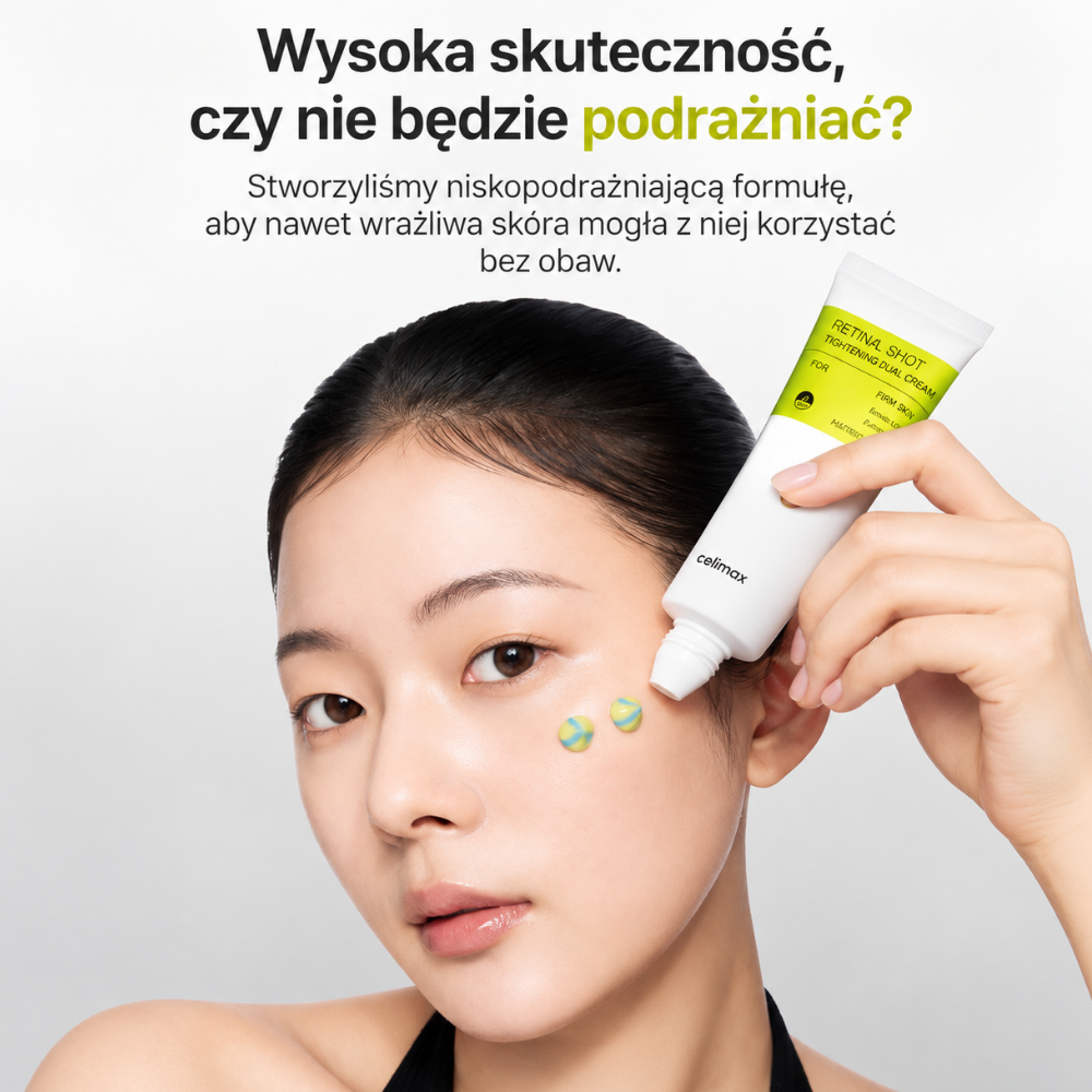 Celimax Retinal Shot Tightening Dual Cream - efekt nowej skóry (3) Celimax Retinal Shot Tightening Dual Cream - modelka prezentująca krem z retinalem o formule stworzonej z myślą o skutecznej pielęgnacji przy zachowaniu komfortu skóry wrażliwej.