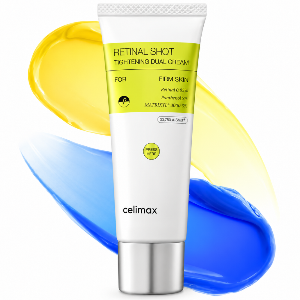 Celimax Retinal Shot Tightening Dual Cream - efekt nowej skóry Celimax The Vita-A Retinal Shot Tightening Dual Cream - ujędrniający krem z retinalem w białej tubie, przedstawiony na tle żółtej i niebieskiej tekstury kremu.