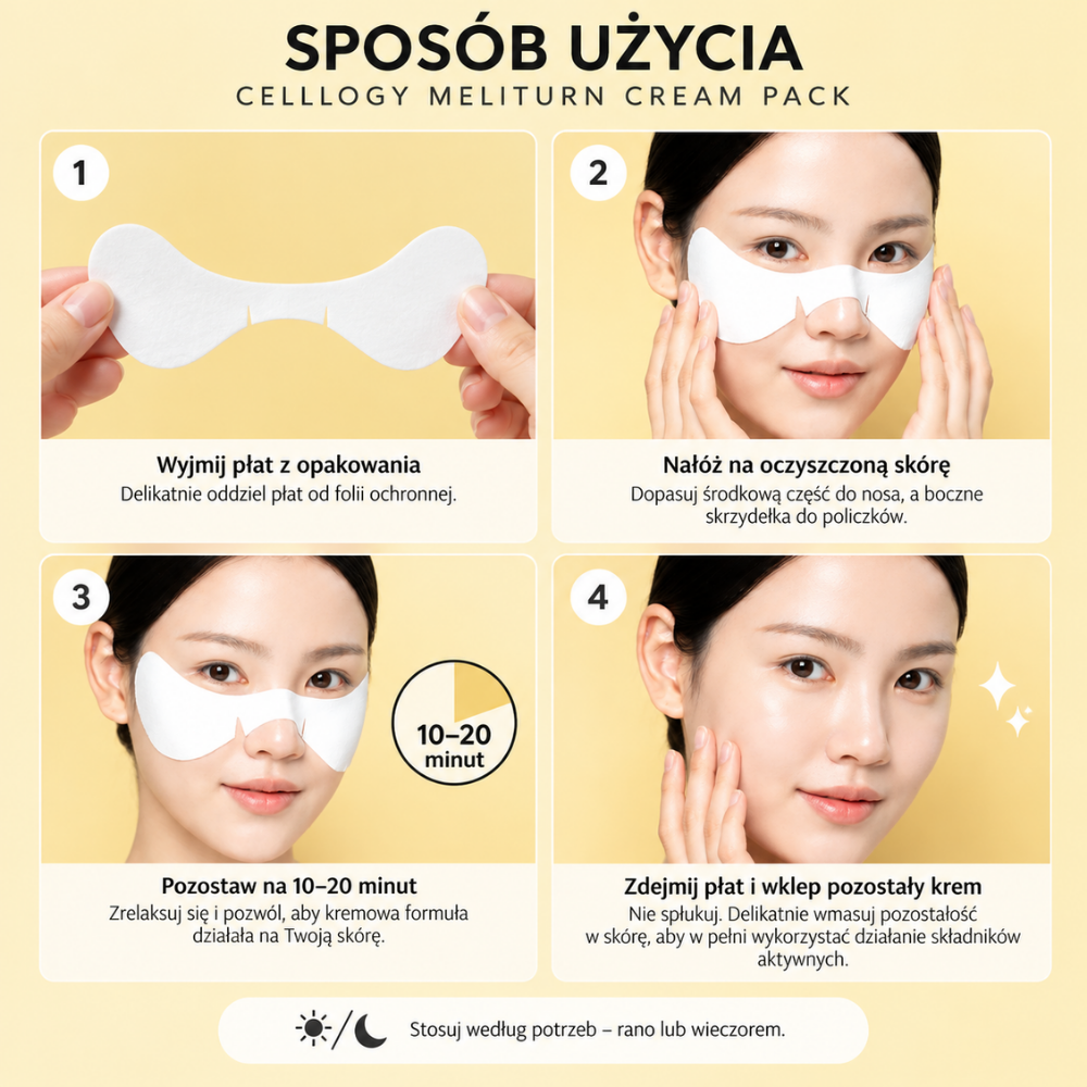 Cellology Meliturn Cream Pack - rozświetlający płatek kremowy na przebarwienia (3) Cellology Meliturn Cream Pack – instrukcja użycia kremowego płatka na policzki i nos krok po kroku, aplikacja na 10–20 minut.