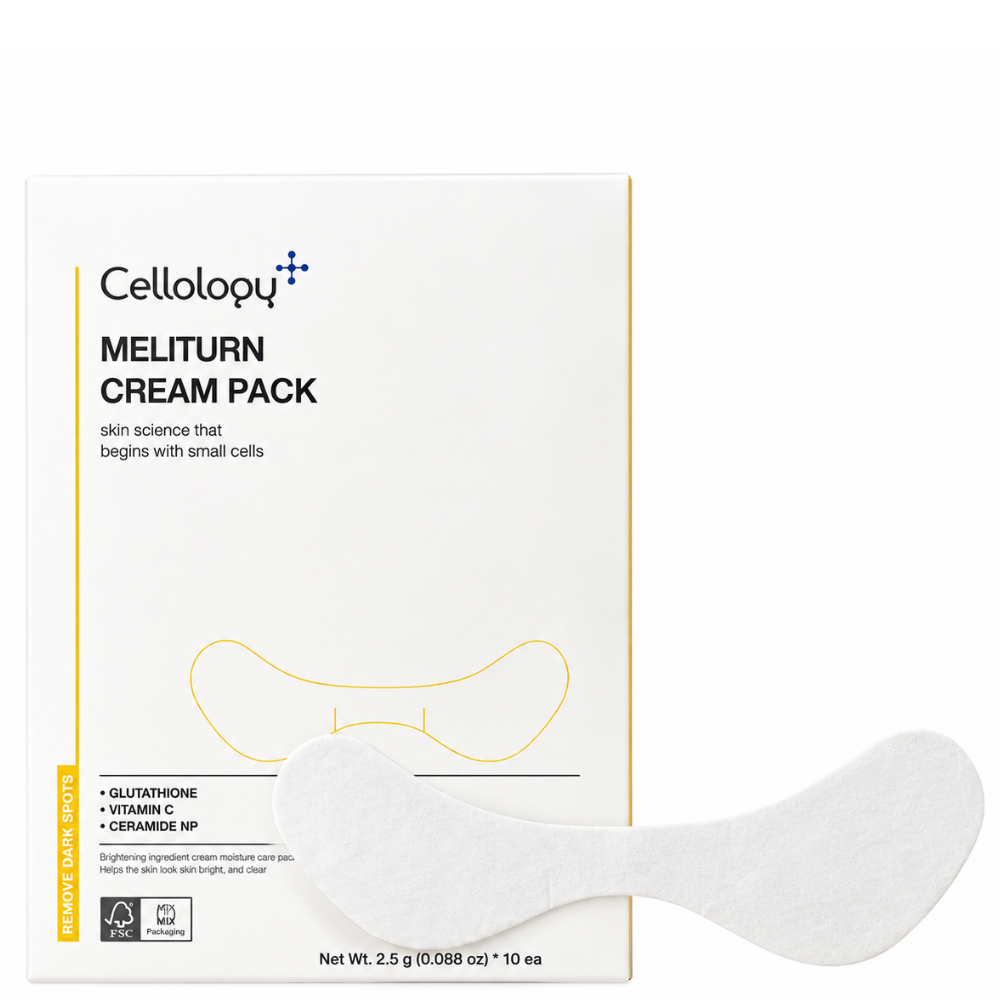 Cellology Meliturn Cream Pack - rozświetlający płatek kremowy na przebarwienia Cellology Meliturn Cream Pack – opakowanie rozświetlającego kremowego płatka na przebarwienia z białym płatem na białym tle.