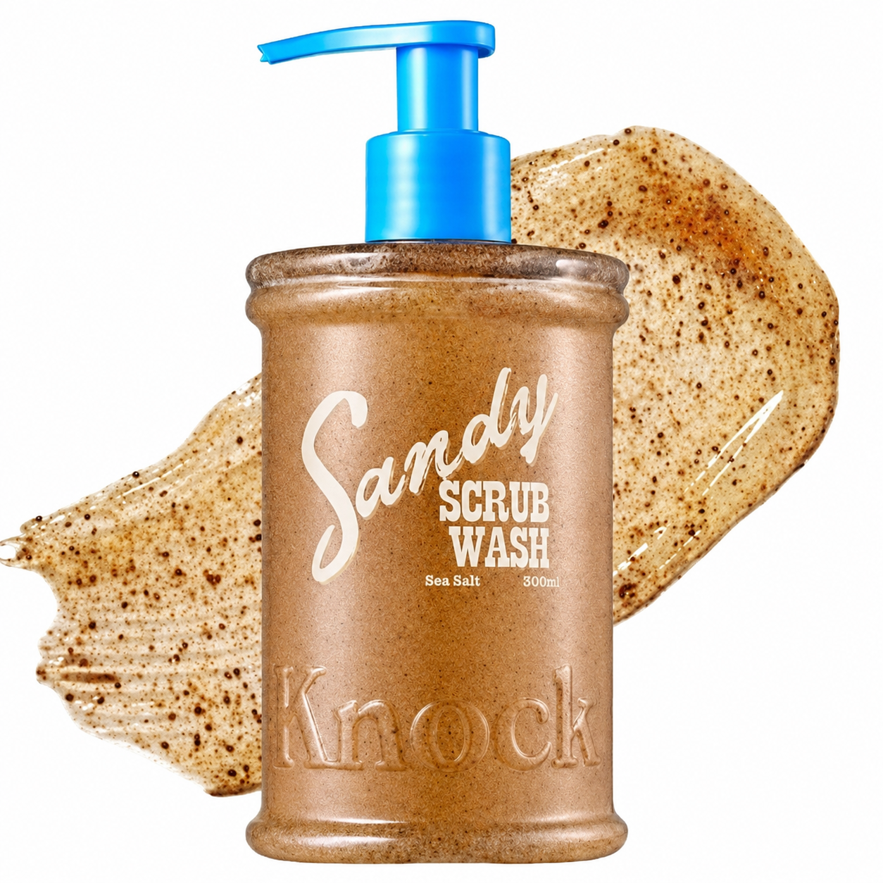 Knock Sandy Scrub Wash Sea Salt KNOCK Sandy Scrub Wash Sea Salt 300 ml – peelingujący żel do mycia ciała w bursztynowej butelce z niebieską pompką na białym tle.