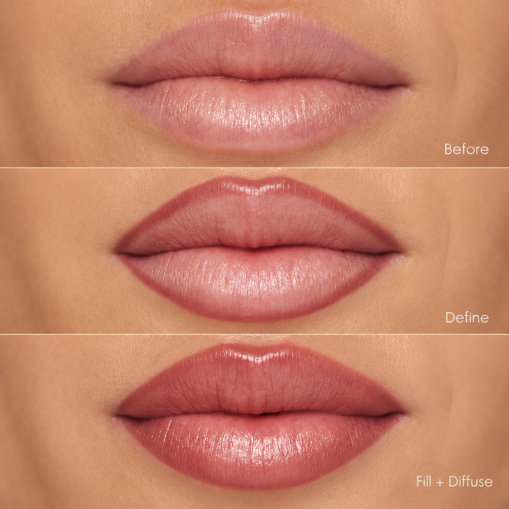 Copini Love Bite Soft Focus Lip Stain Efekt Copini Love Bite Soft Focus Lip Stain na ustach - naturalne usta przed aplikacją, z podkreślonym konturem oraz po wypełnieniu i roztarciu koloru.