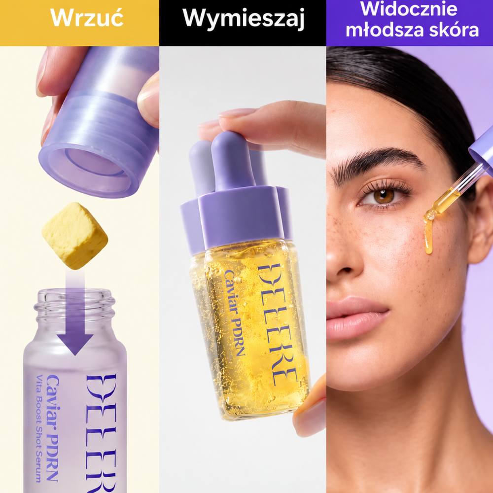 Delere Caviar PDRN Vita Boost Shot Serum Double Set - kawiorowy zastrzyk blasku (2) DELERE Caviar PDRN Vita Boost Shot Serum - trzy etapy stosowania kuracji: wrzucenie liofilizowanej kapsułki do butelki, wymieszanie formuły i aplikacja serum na skórę twarzy.