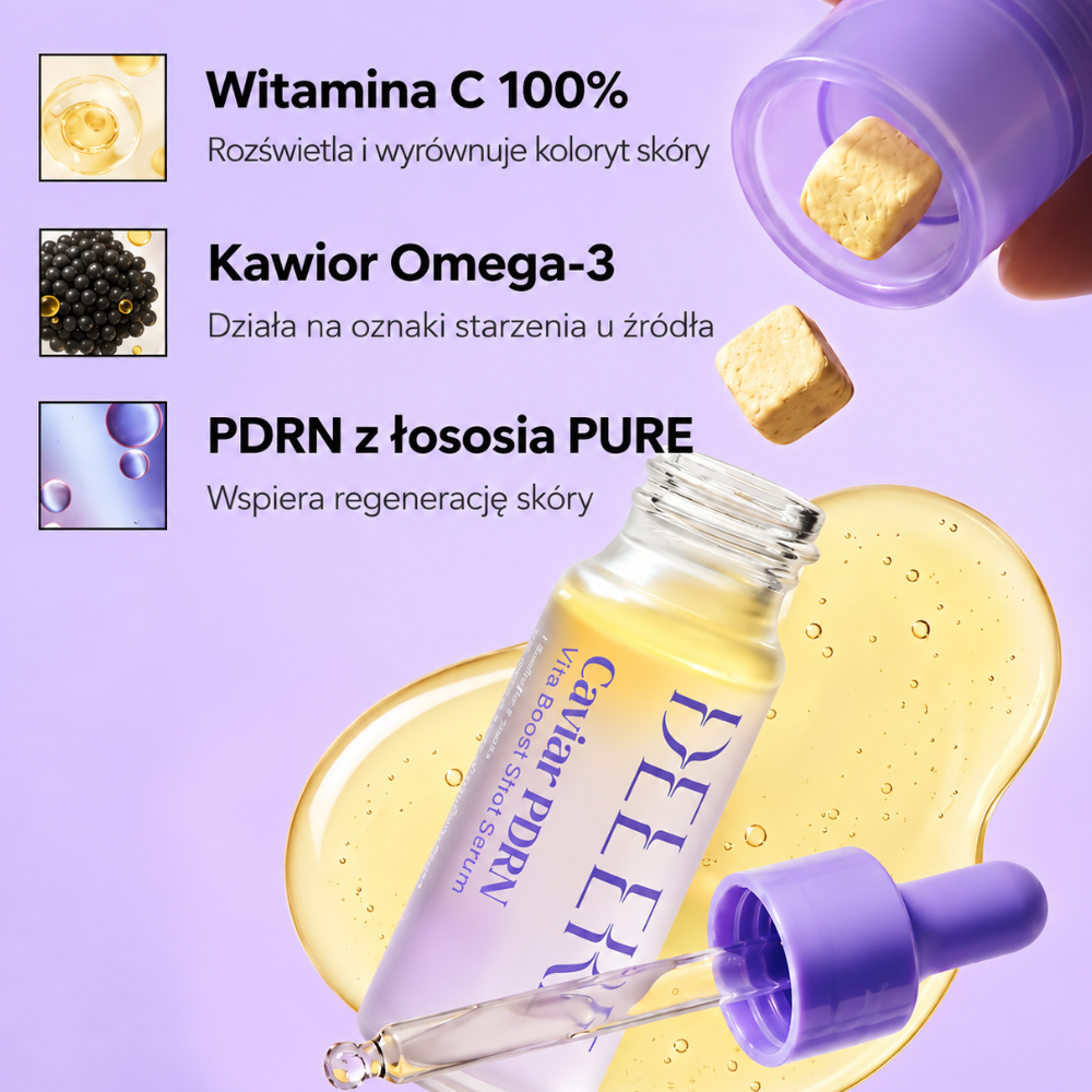 Delere Caviar PDRN Vita Boost Shot Serum Double Set - kawiorowy zastrzyk blasku (3) DELERE Caviar PDRN Vita Boost Shot Serum - kuracja z witaminą C, kawiorem Omega-3 i PDRN z łososia, wspierająca rozświetlenie, wyrównanie kolorytu i regenerację skóry.